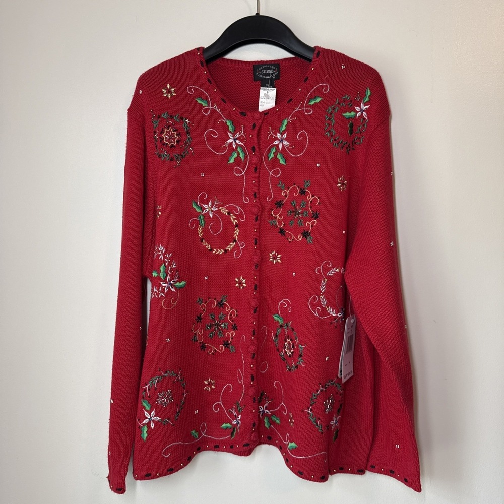 Design Originals Cardigan Sweater Red Christmas Beaded Sequin Womens Size 2X NWT
